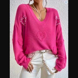 Pink Embellished Hearts Pullover Sweater sz L  NEW